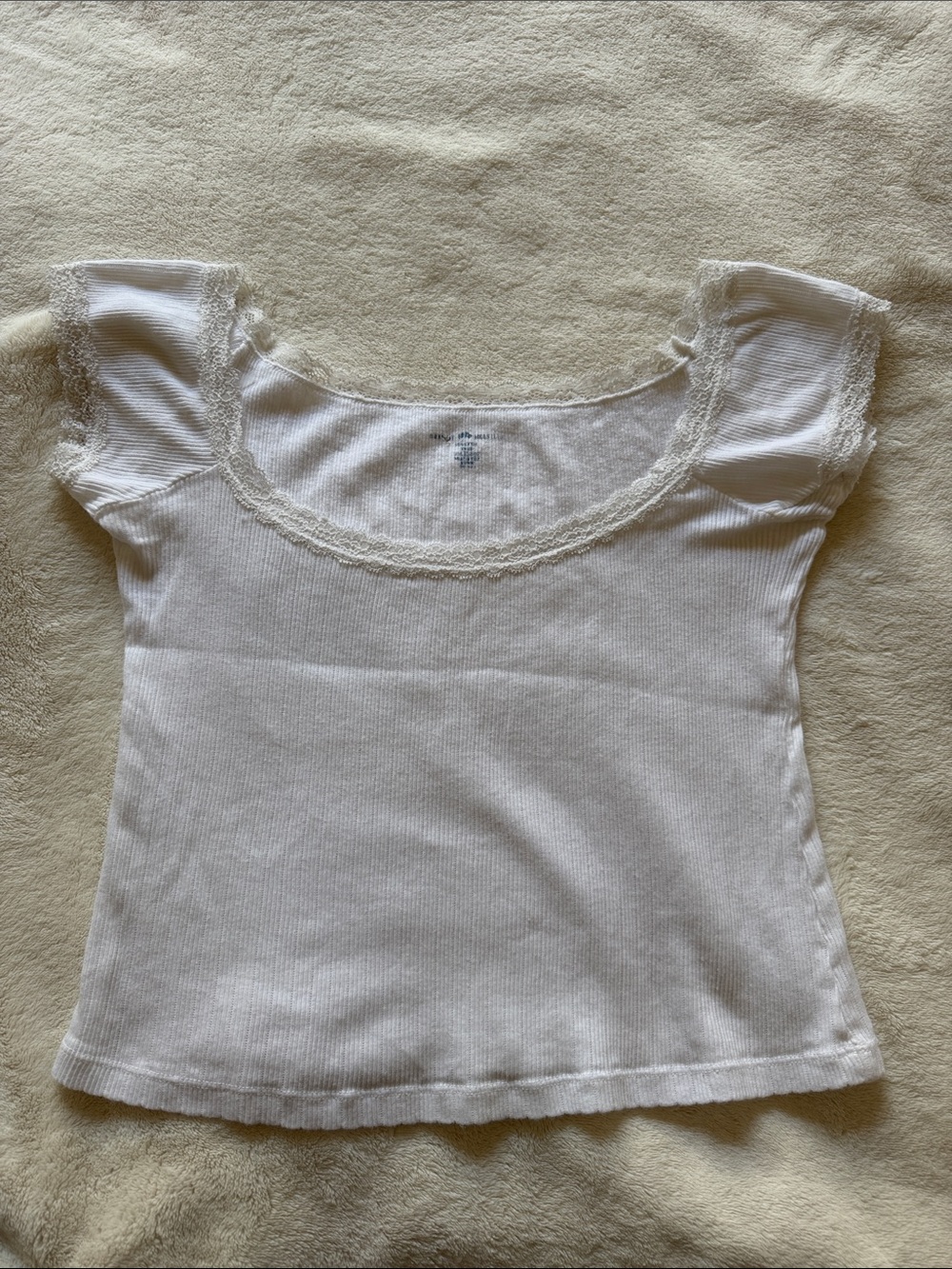Brandy Melville White Ribbed Lace-Trim Scoop Neck Tee